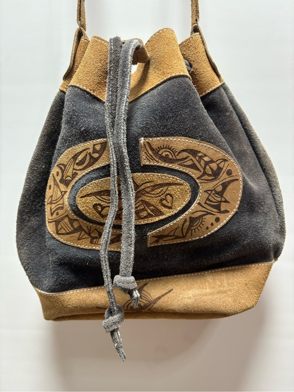 All leather western Drawstring Crossbody bucket Bag in Gray and Tan